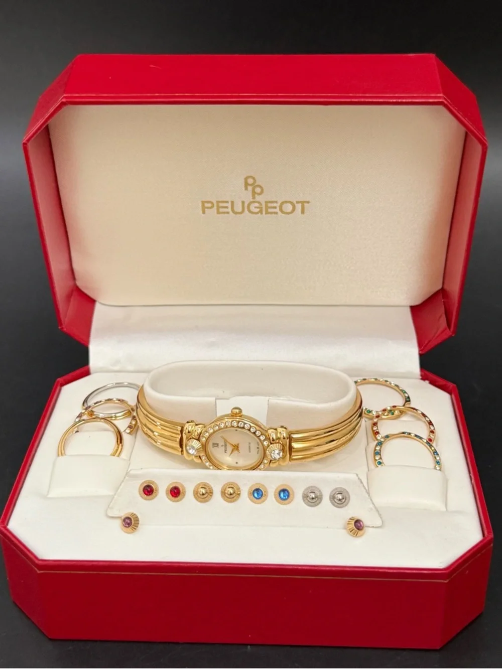 Vintage PEUGEOT Gold-tone Interchangeable Bezels & Studs Rhinestones Watch - Picture 2 of 13